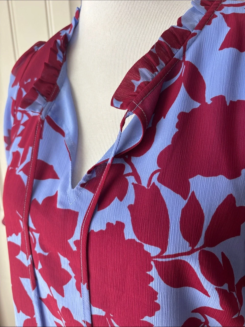 Women's Floral Tie-Neck Blouse in Blue and Burgundy